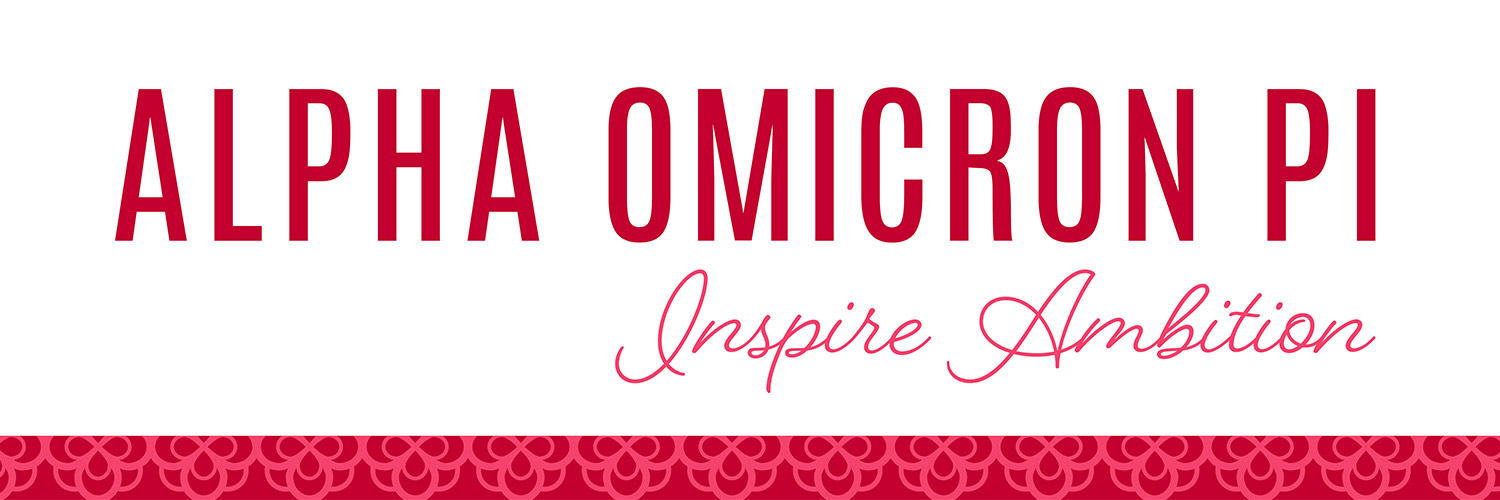 Color photo. Alpha Omicron Pi logo and tagline, inspire ambition.
