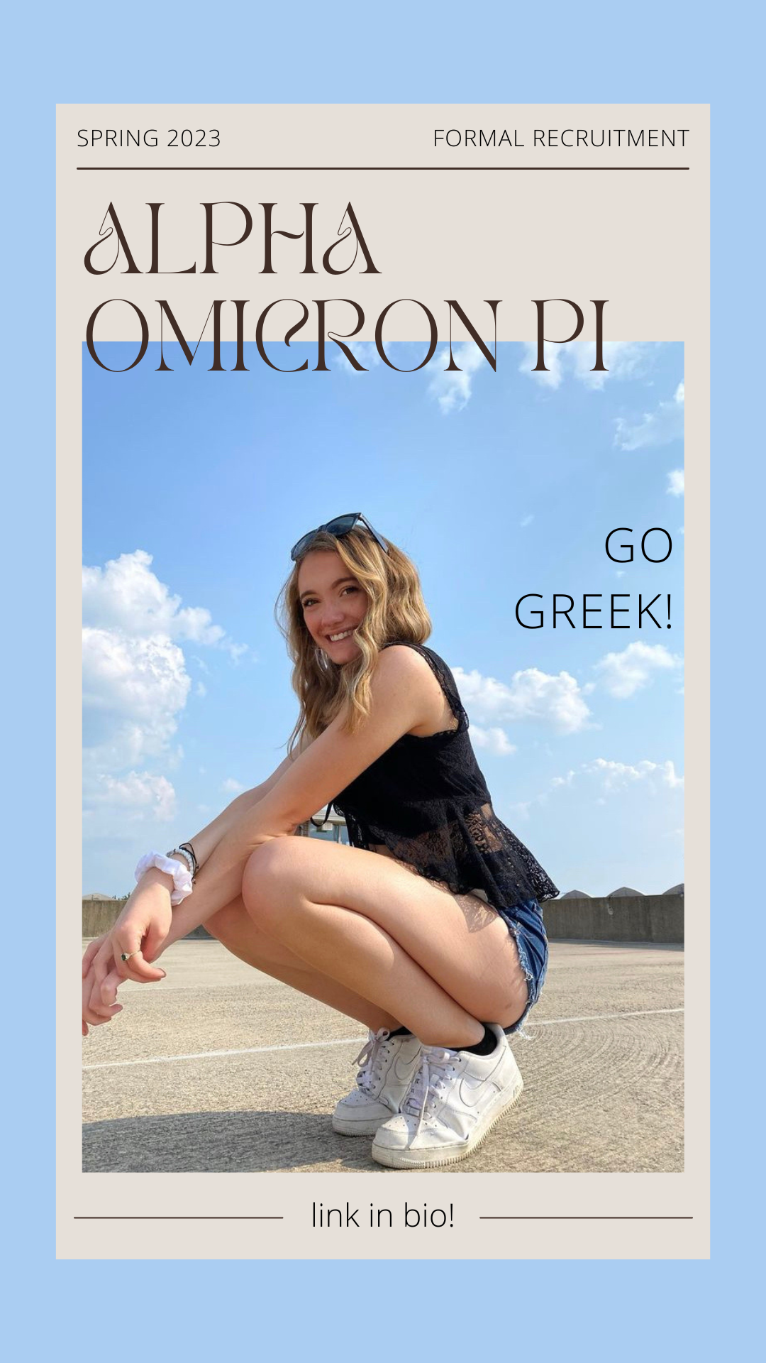Color photo. Graphic is styled like a magazine, with Alpha Omicron Pi as the heading. The background of the picture contains blue skies and white clouds. The subject has blonde hair, is wearing a black top, and she is smiling at the camera. 