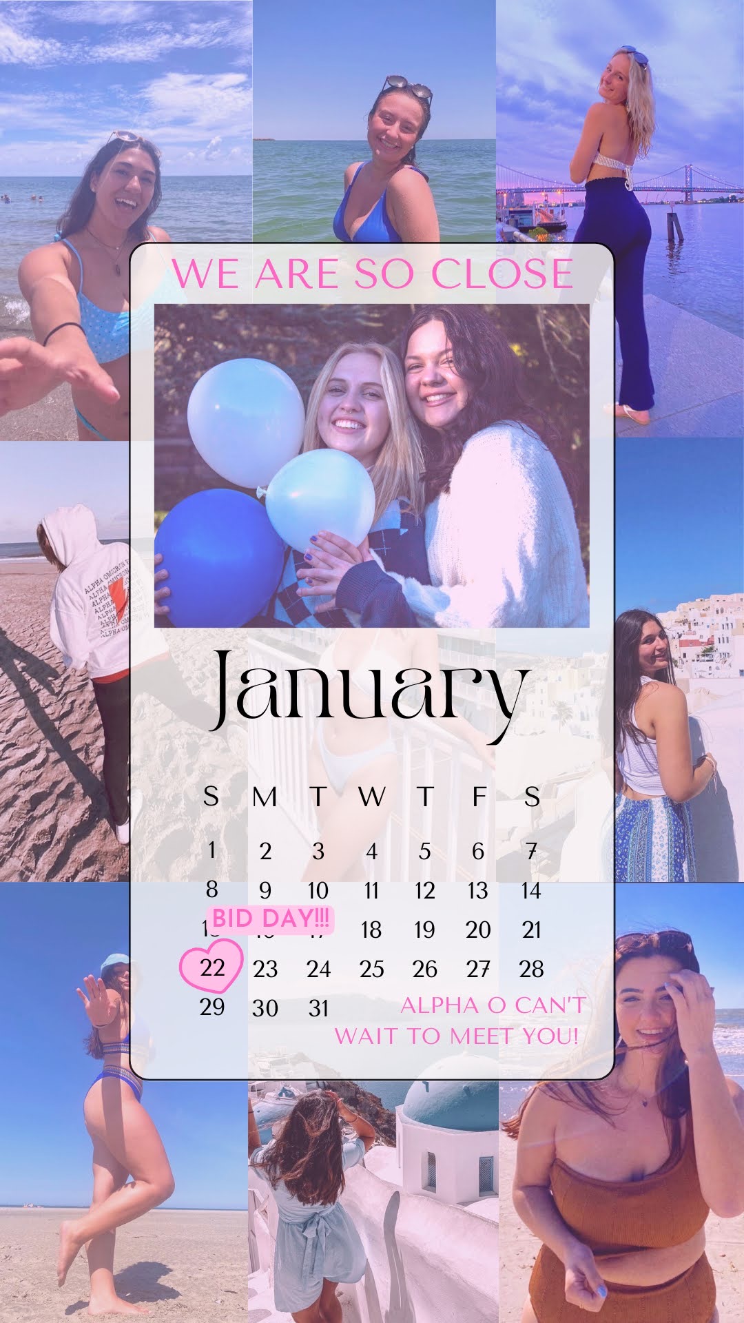 Color photo. Nine by nine grid, with one subject in each photo. On top of the grid is a transparent calendar, marking marking January 22 as bid day. There is a picture of two girls smiling in the calendar. At the bottom of the calendar, it says Alpha O can't wait to meet you. Entire image has blue filter.