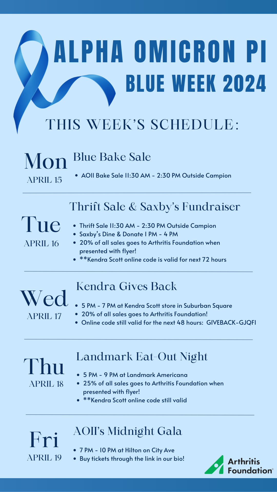 Graphic that contains the schedule for blue week, a full week of fundraising for the arthritis foundation.