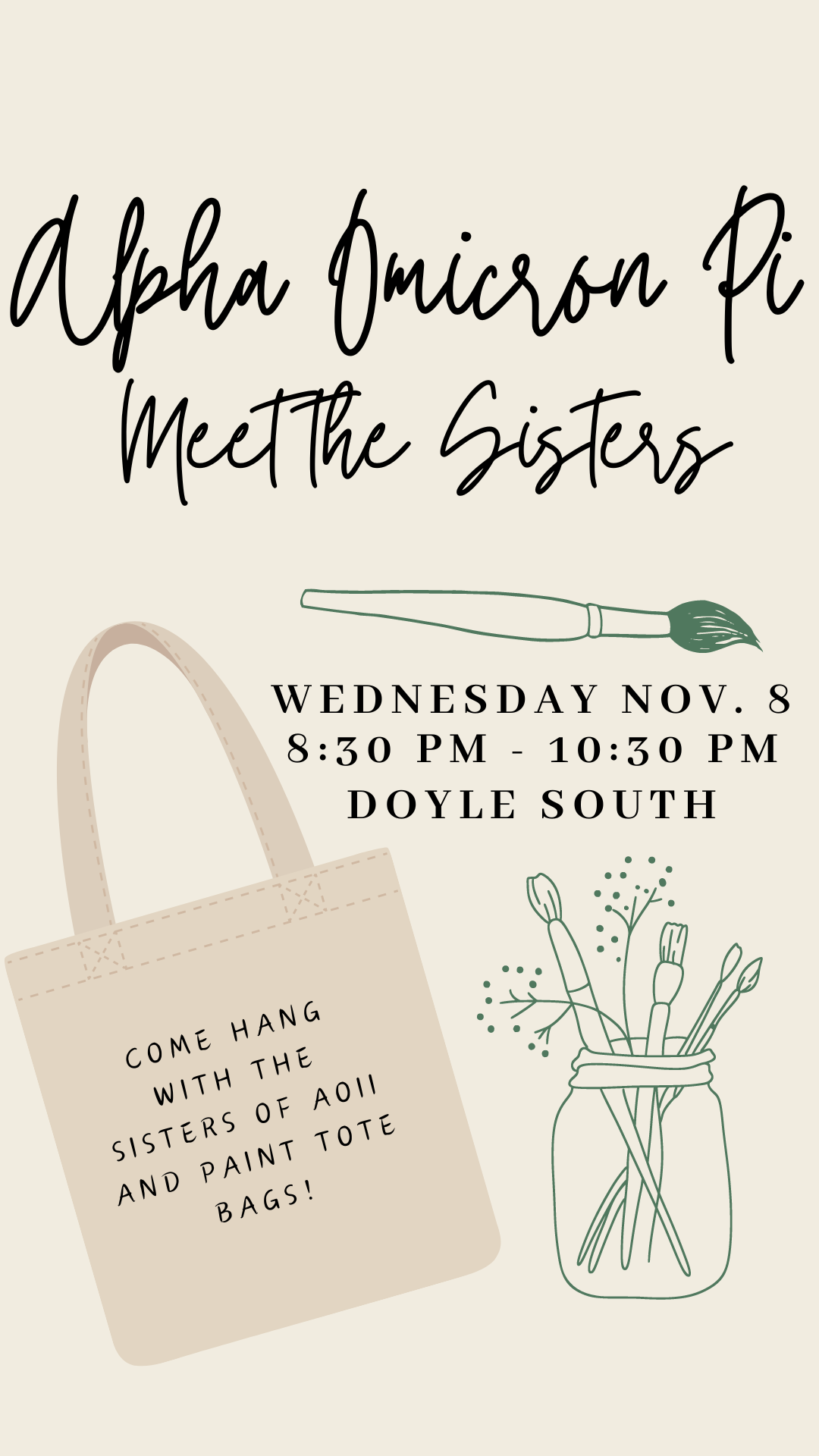 Graphic promoting an upcoming meet the sisters event where attendees will be painting tote bags.