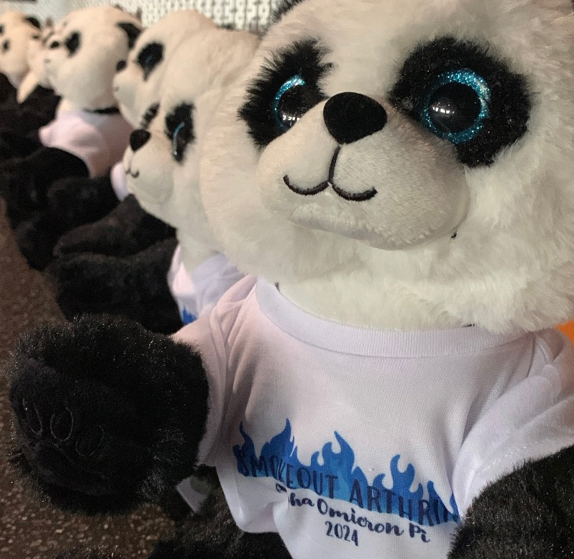 panda stuffed animal wearing a white tshirt with the design.