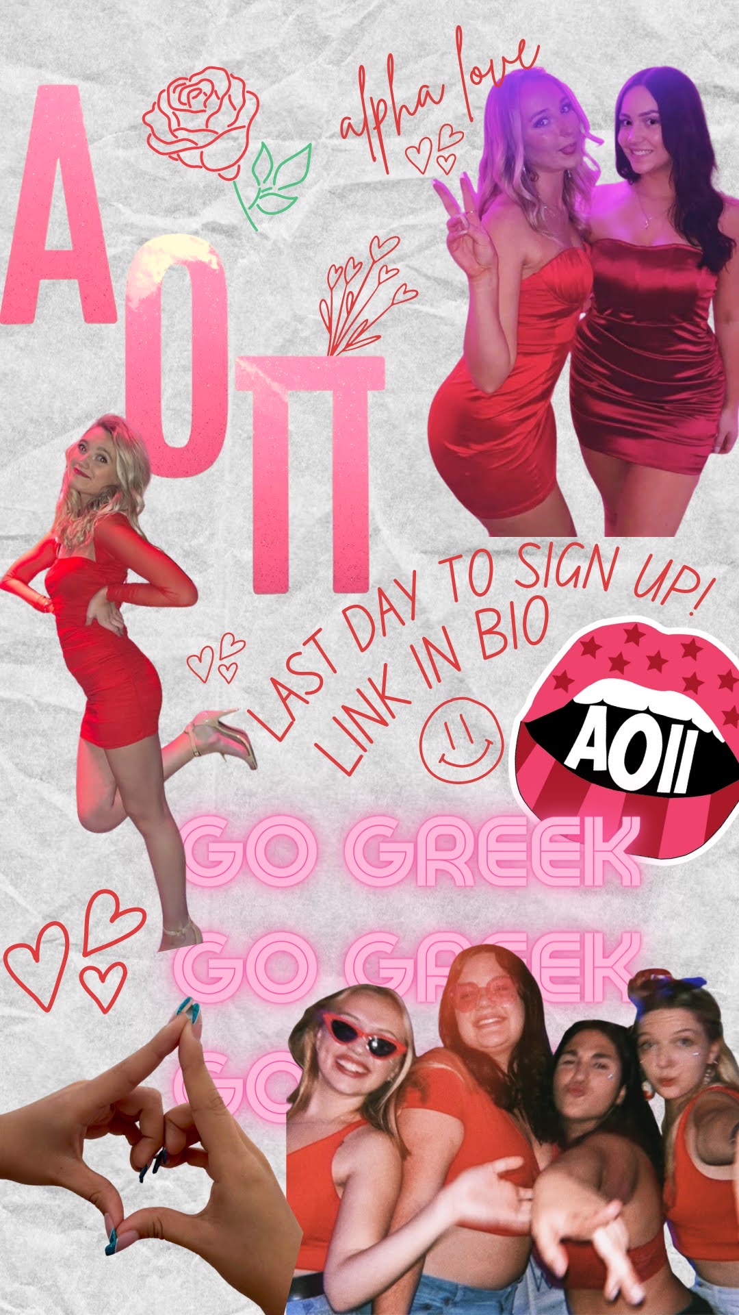 Color photo. Scrapbook like collage that contains various pictures of women smiling. Graphics are also pasted throughout the page, such as A O Pi, hearts, roses, and more. Entire image has a pink and red color scheme. 