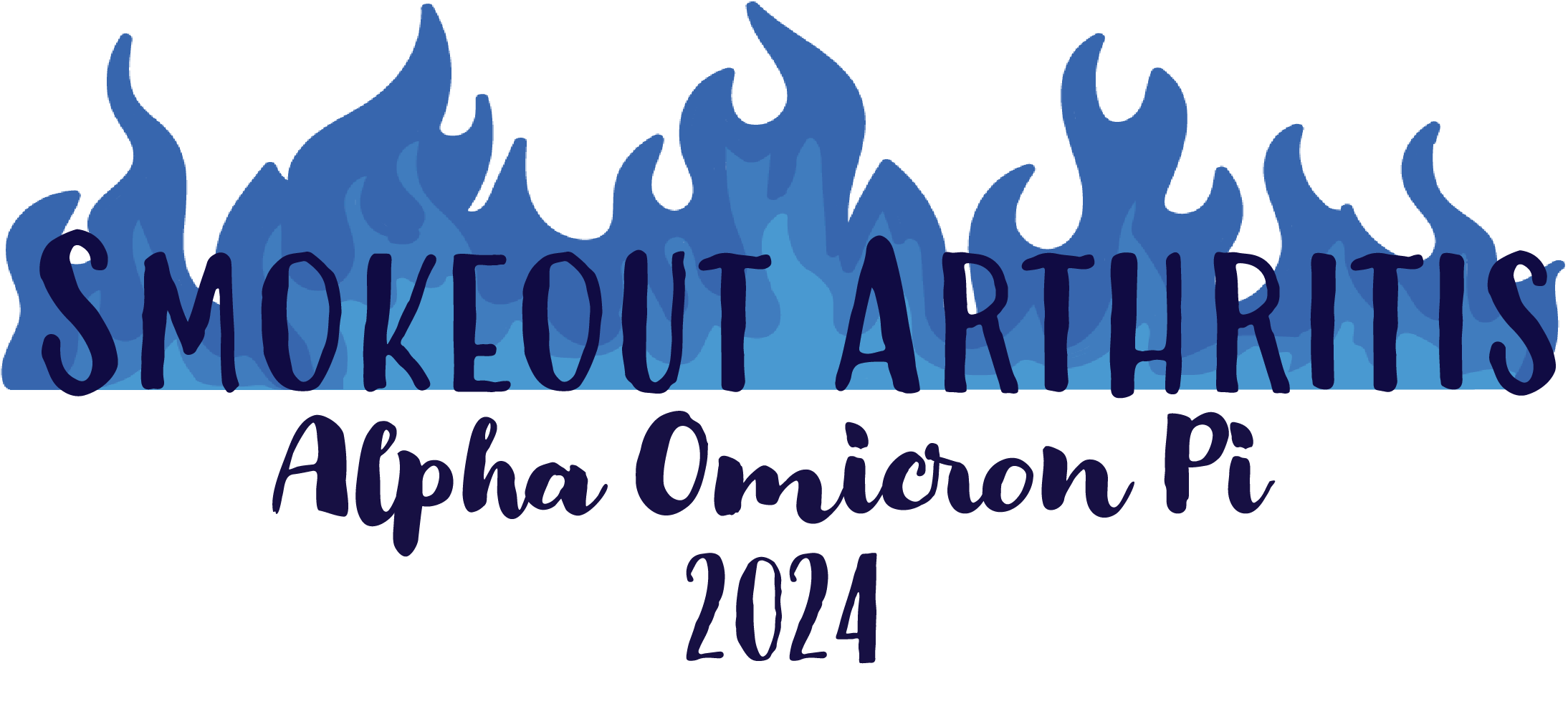 Tshirt design. the words smokeout arthritis, alpha omicron pi, 2024 are on top of blue flames. Text is navy blue.