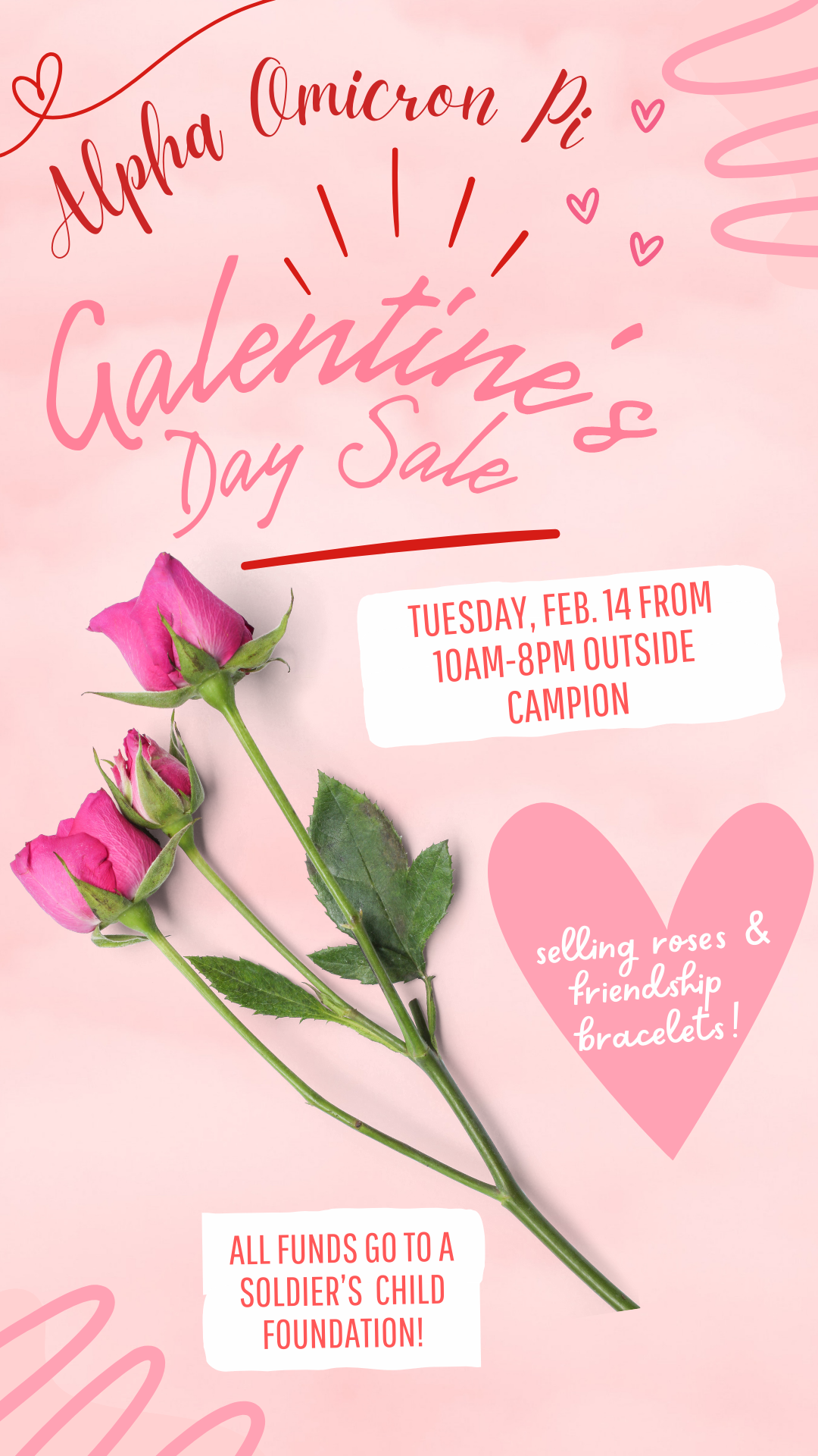 Color photo, pink background. Pink roses are in the middle of the graphic, and the content is promoting a galentine's sale that will be taking place to raise money for Alpha Omicron Pi's philanthropy.
